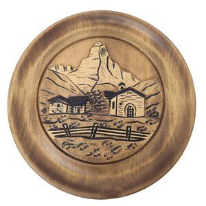 Vintage Hand Carved Wood Country House Scene Round Wall Plaque Art Decorative